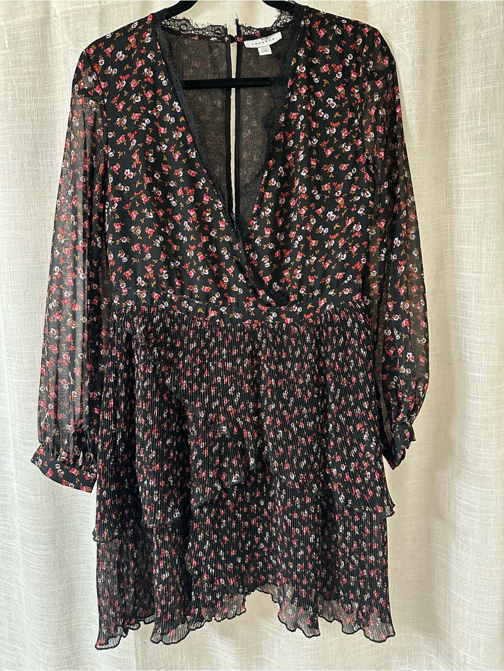 Topshop Floral V-Neck Black Tiered Mini Dress